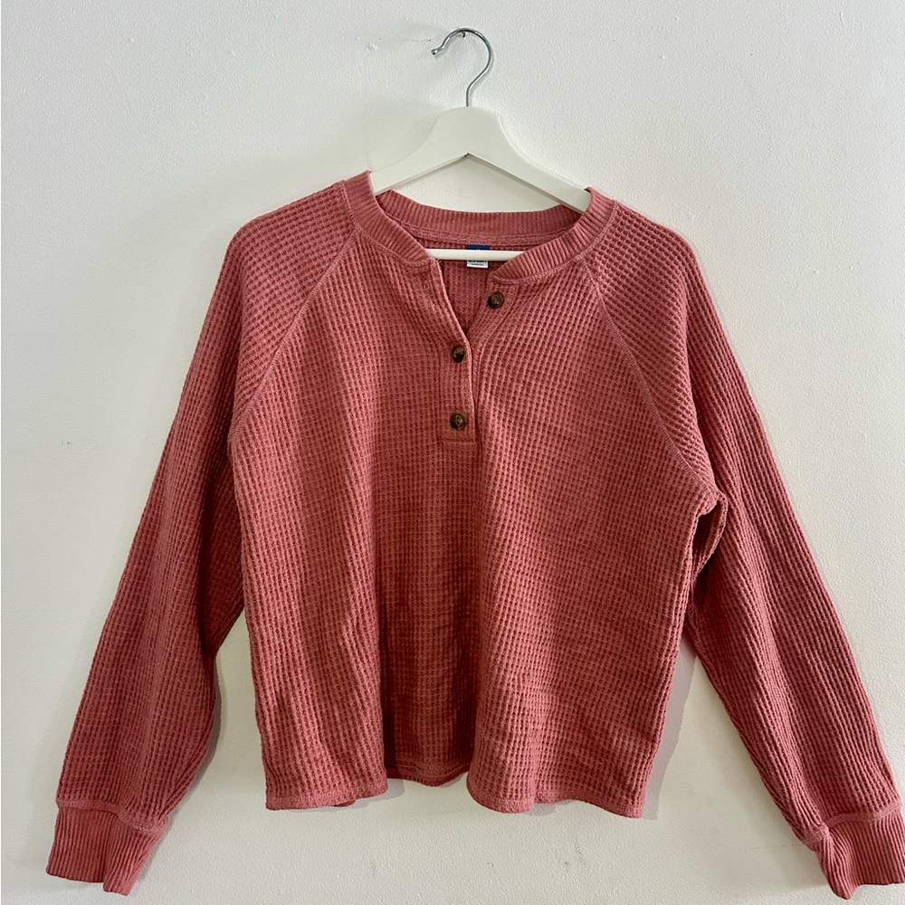 Old Navy Women's Waffle Knit Henley Sweatshirt - Muted Pink